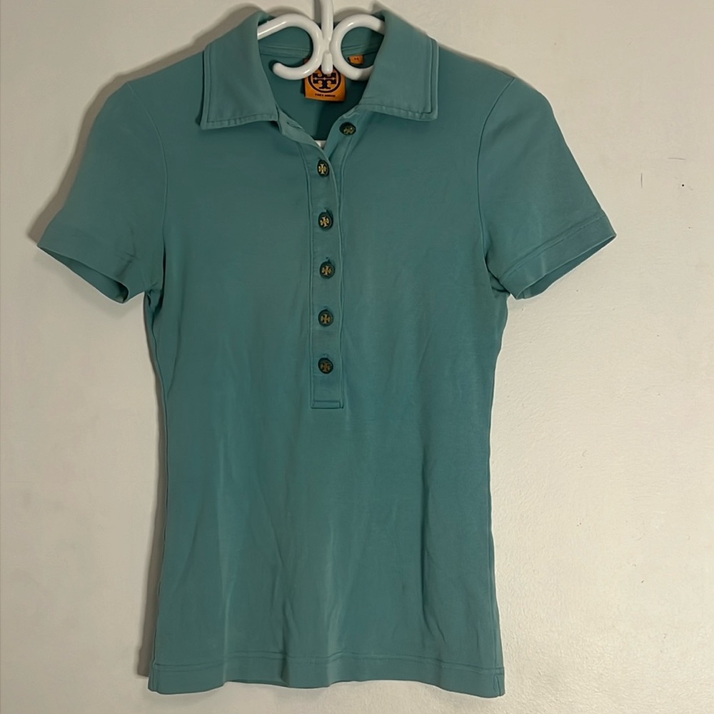 TORY BURCH Green/Blue Polo Shirt with TB Signature Buttons - Sz Extra Small